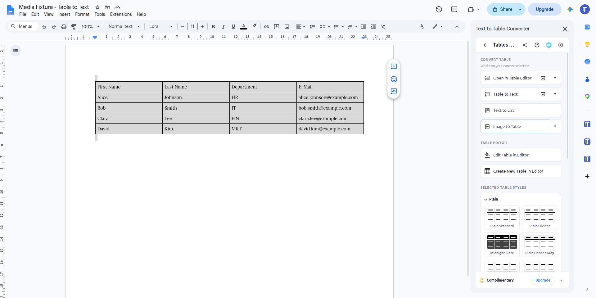 Menu options for converting a table to text