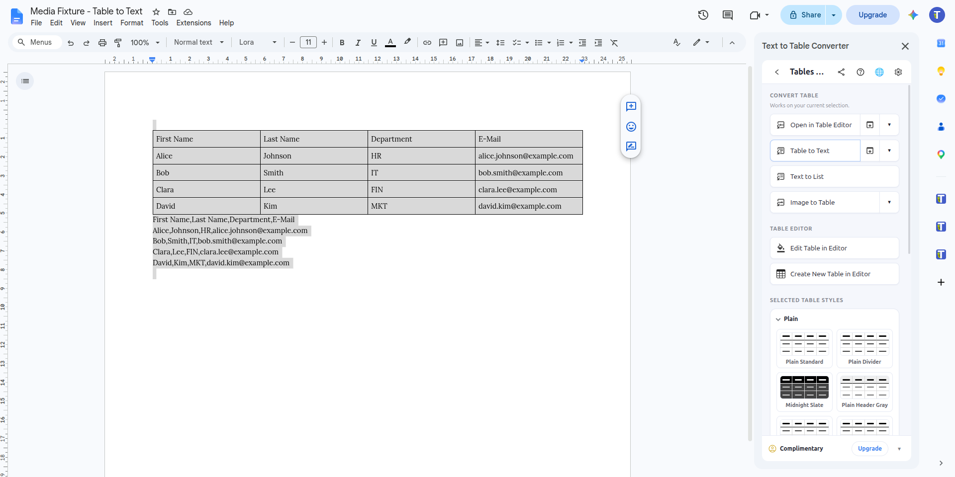 CSV-style text inserted below the original table
