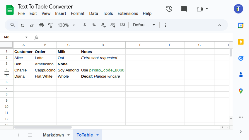 Screenshot showing markdown text converted to table in Google Sheets™