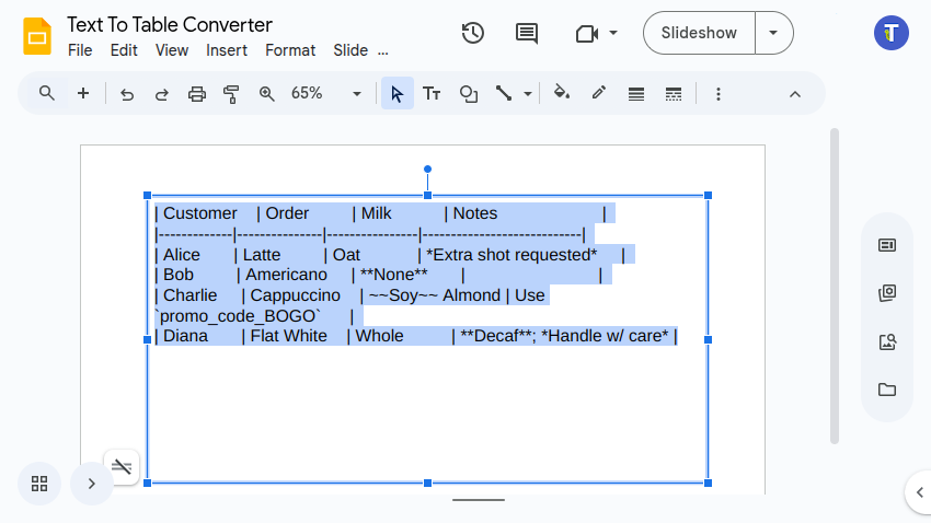Screenshot showing markdown text selection in Google Slides