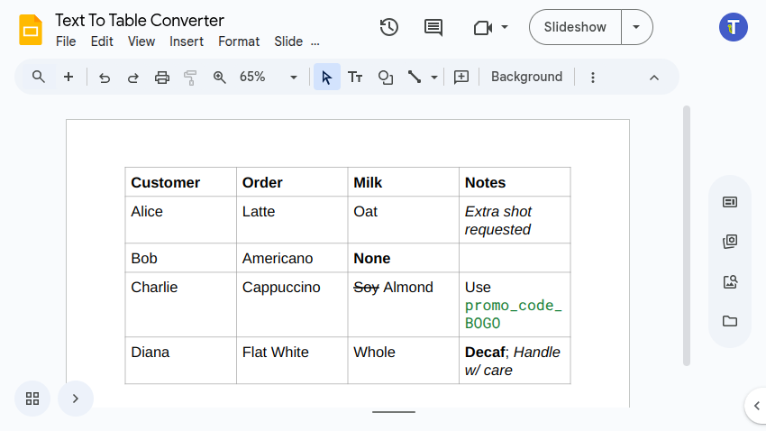 Screenshot showing markdown text converted to table in Google Slides