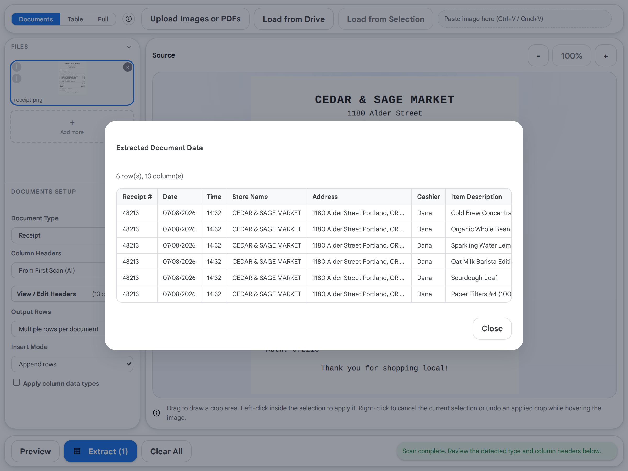 Preview of the extracted rows — one row per receipt line item