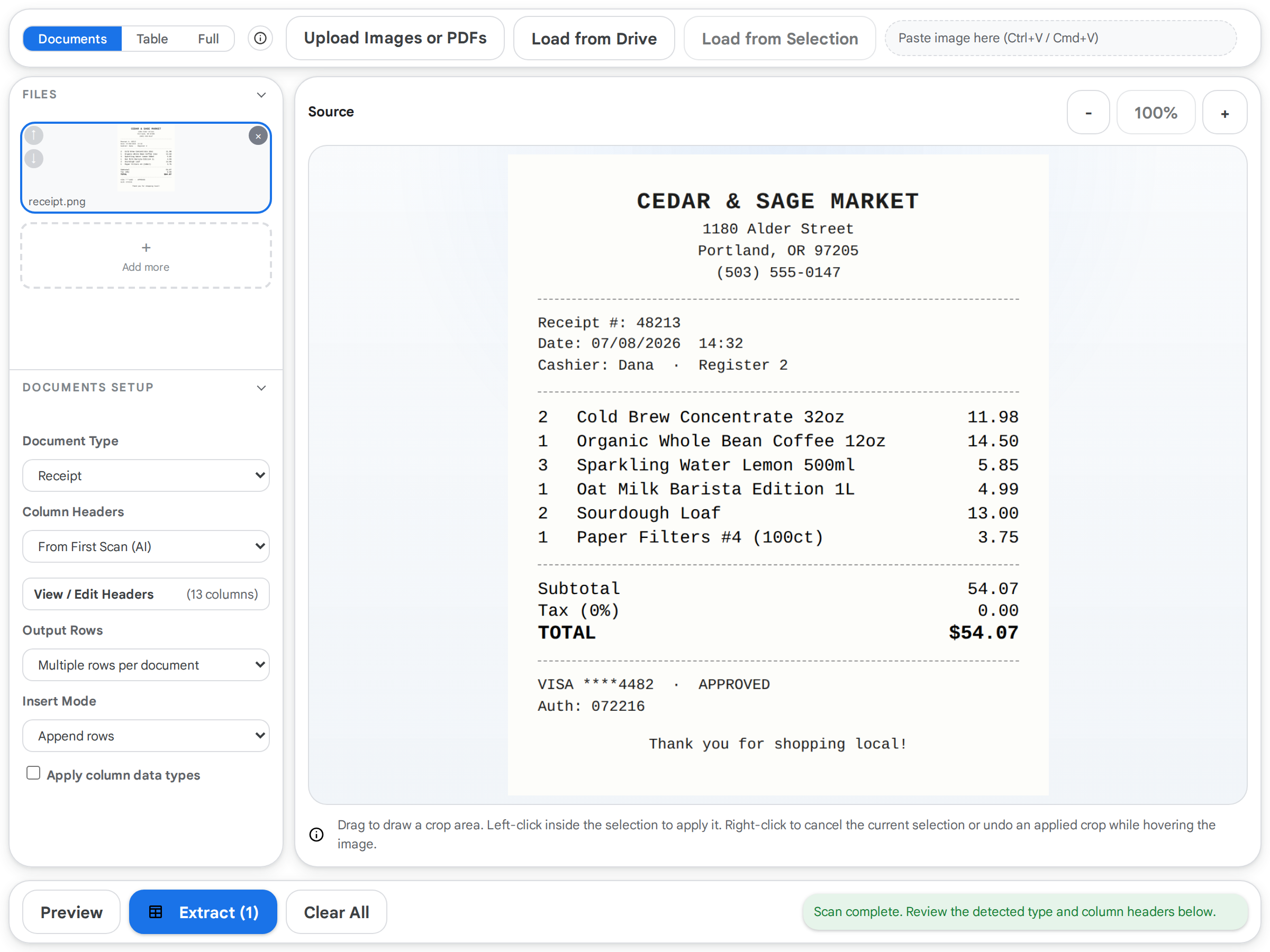 After scanning, the AI suggests column headers — 13 columns for a receipt