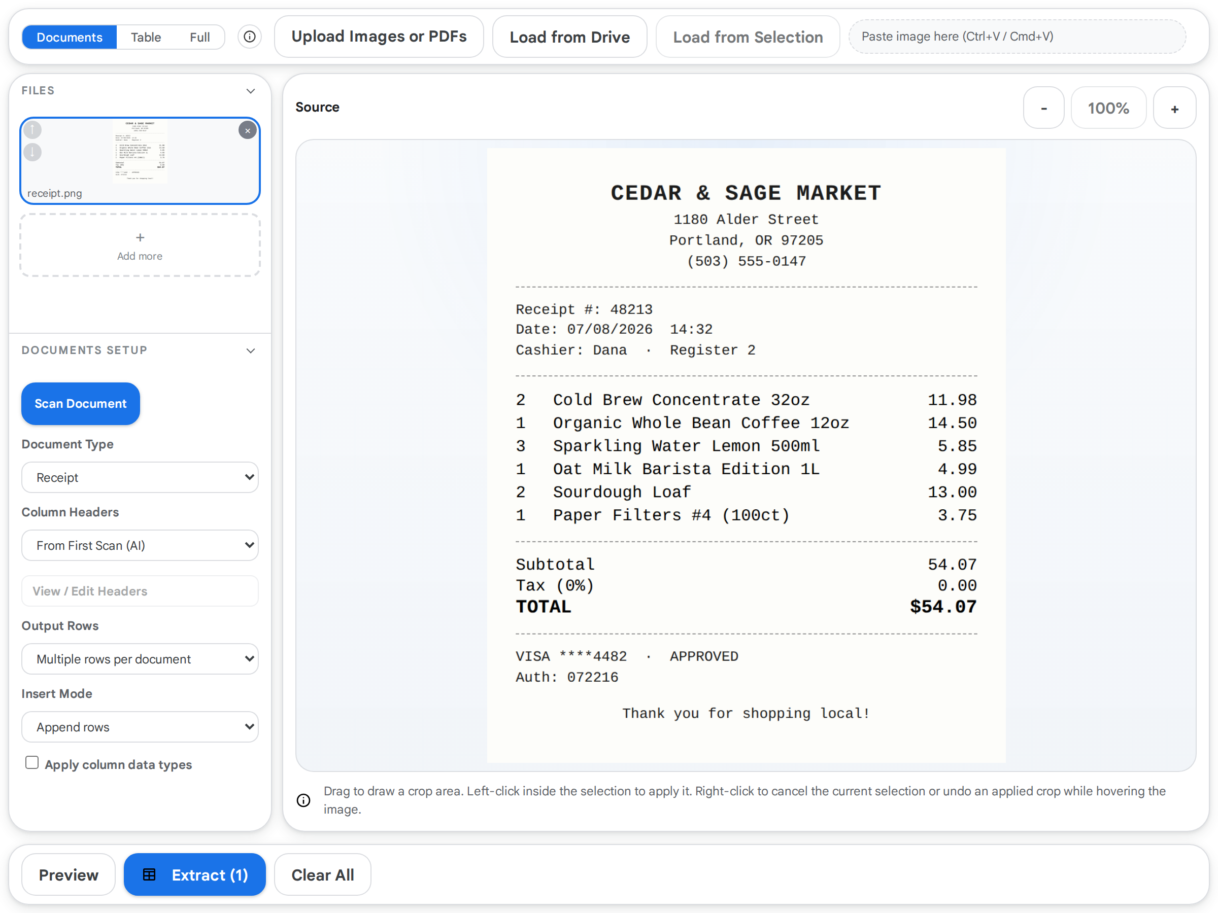 Documents mode with a receipt loaded and the Documents Setup panel