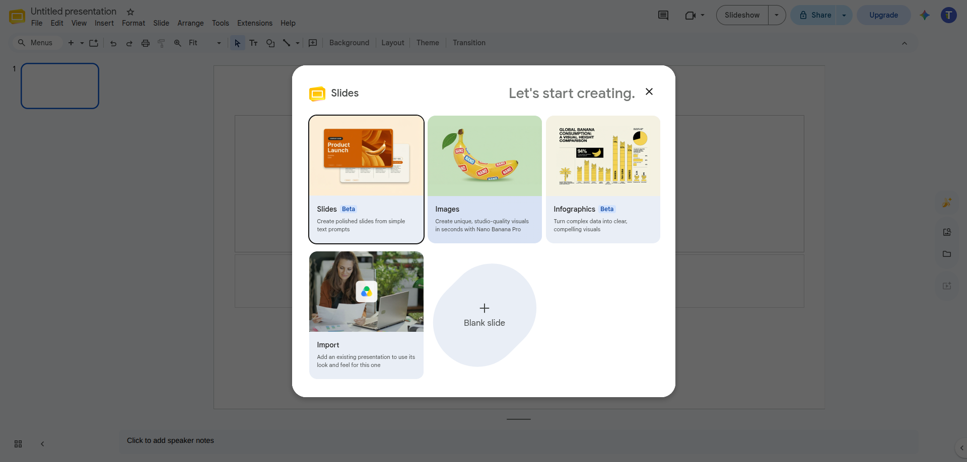 The Google Slides AI getting-started advertisement that appears when a new presentation opens