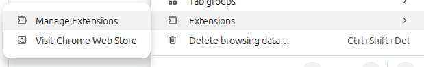 Chrome menu showing Extensions > Manage Extensions