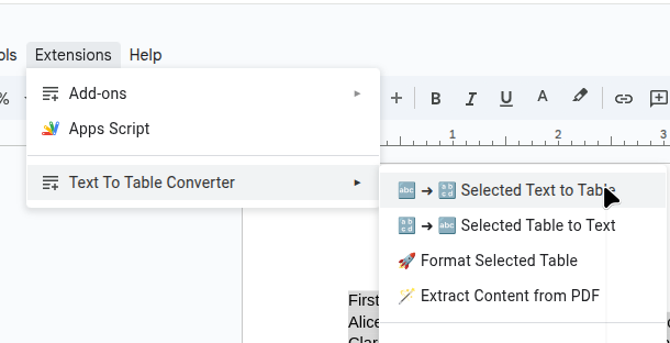 Google Docs menu showing Extensions > Text To Table Converter > 'Text to Table' option highlighted.