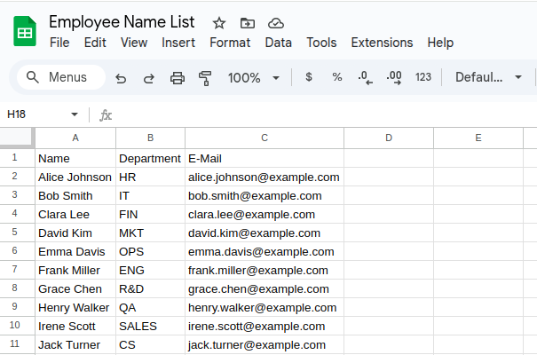 A neatly formatted table in Google Docs showing columns for Name, Department, and E-Mail, successfully converted from the example text.