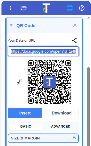 Бічна панель QR Code з виділеним значком “Share this document via QR code”
