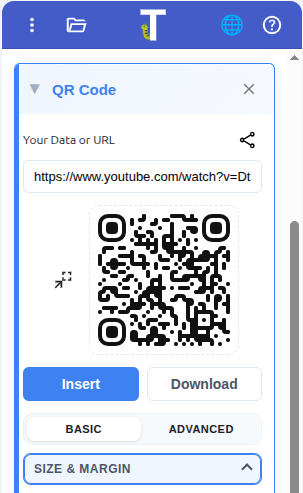 URL फ़ील्ड हाइलाइट के साथ QR Code साइडबार