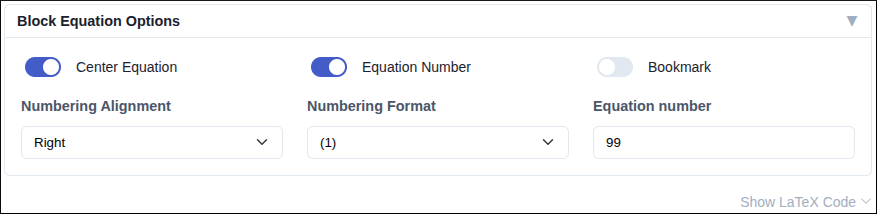 Opciones de formato avanzado para ecuaciones en bloque en Google Docs.