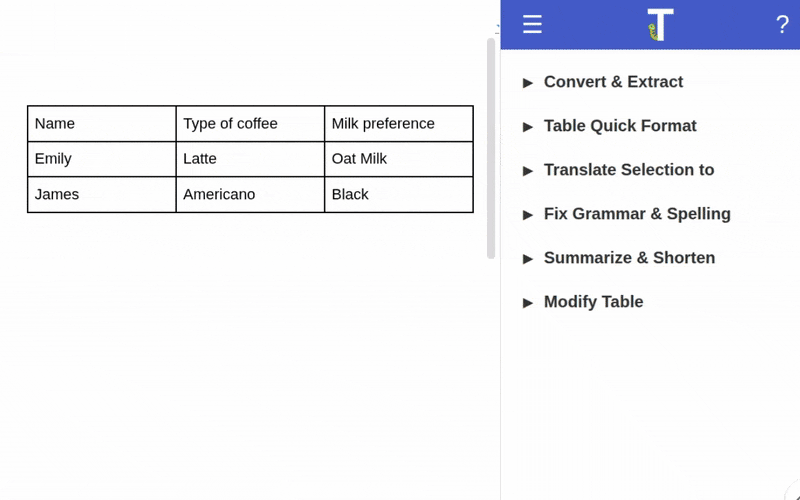 Table formatting presets previewed in the Text To Table Converter sidebar