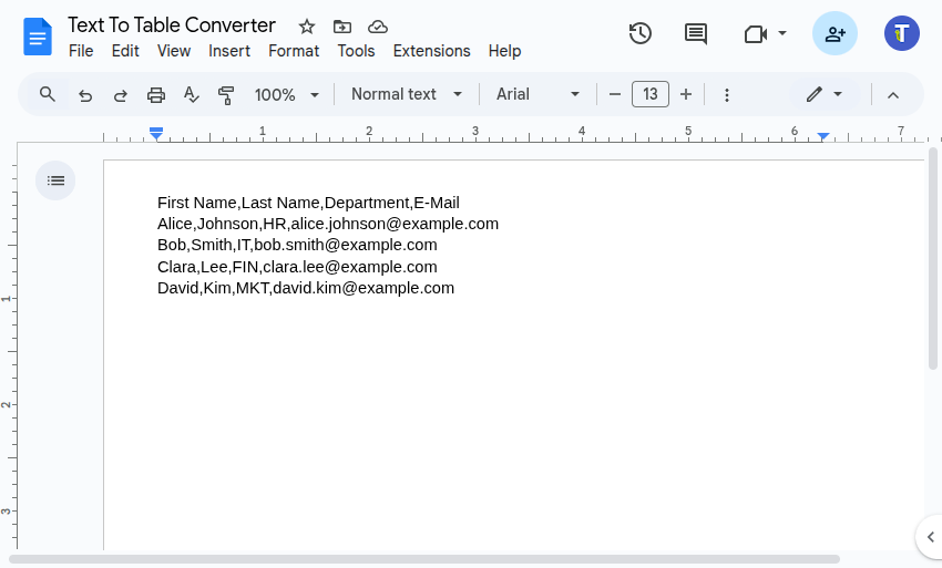 Resulting text shown below the original table