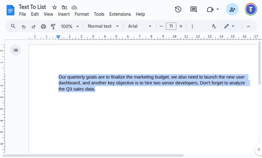 Captura de pantalla que muestra un párrafo de texto seleccionado en Google Docs™